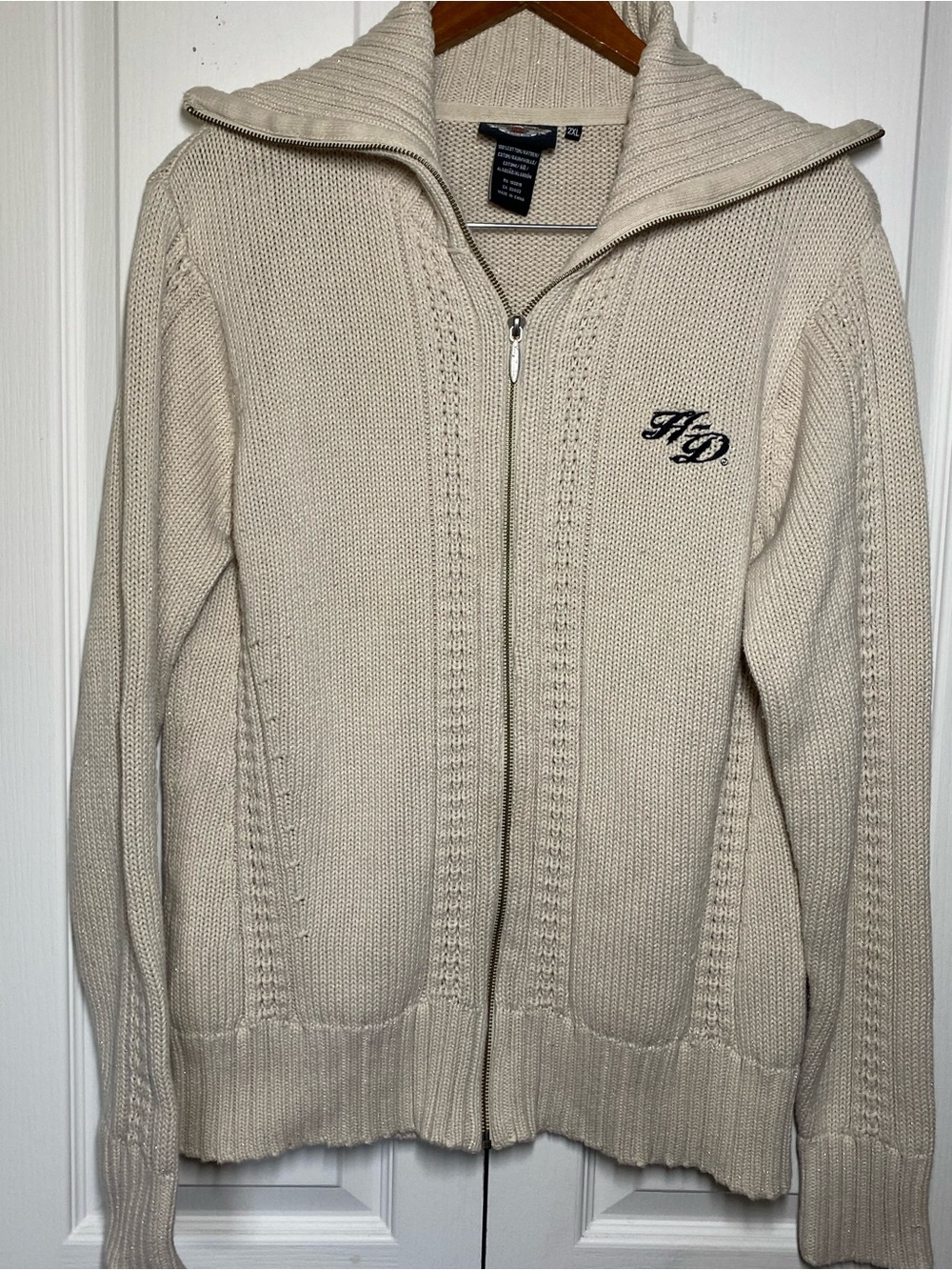 Harley‑Davidson Cream Chunky Knit Zip Up Sweater Women’s 2XL